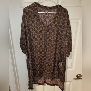 Melissa McCarthy Olive Green + Dark Maroon Patterned Tunic Styled Top (Size 2X)